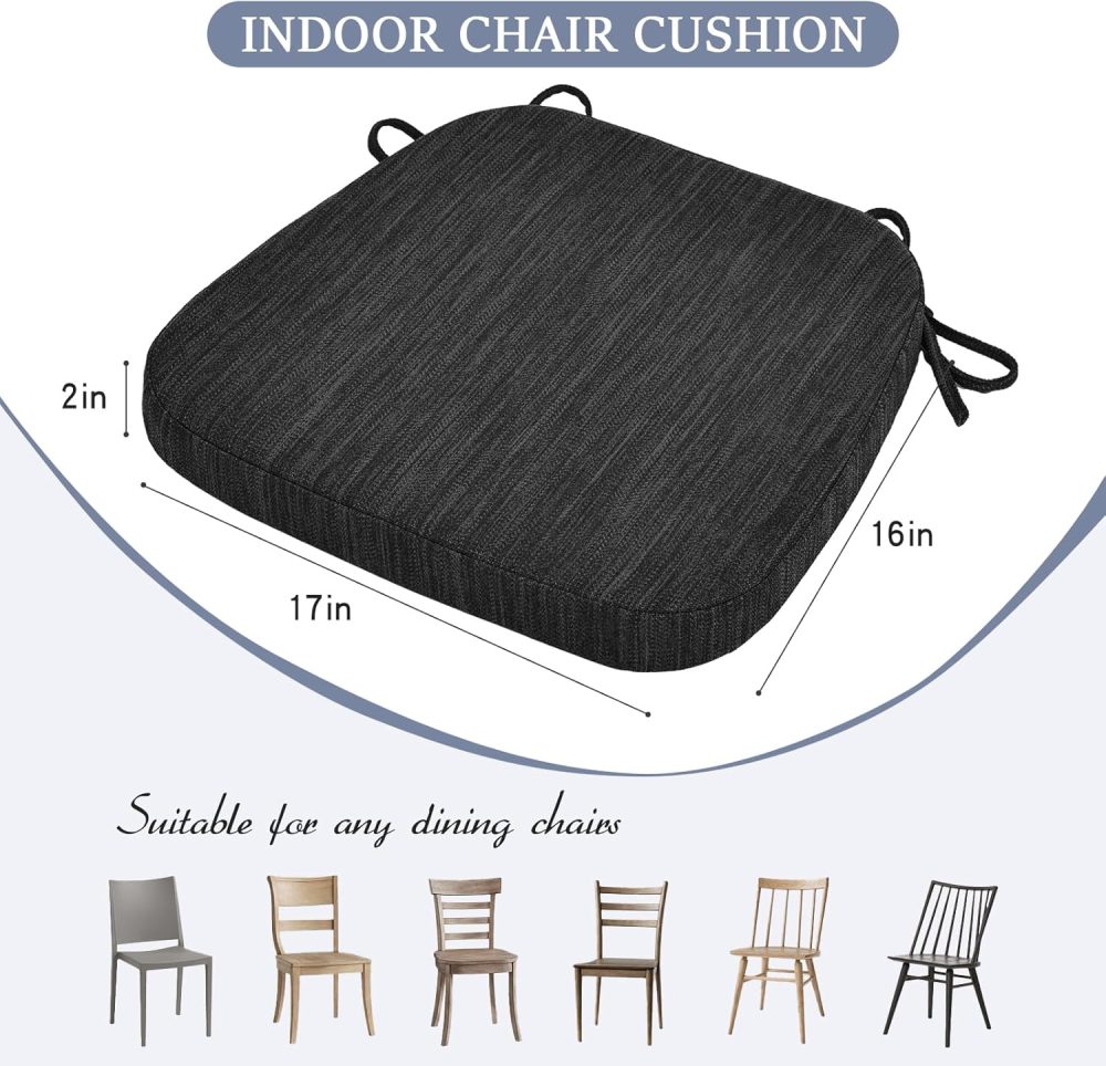 baibu Kitchen Chair Cushions, Dual-Layer Patented Design Molded Memory Foam Dining Chair Pads with Ties and Washable Cover, 17" x 16" x 2", Black - Image 3