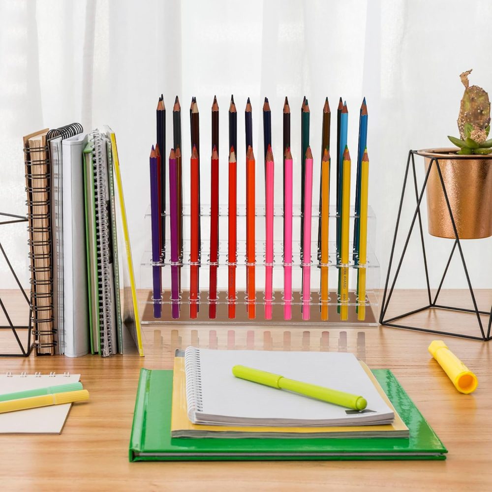 Cabilock 2 Tier Acrylic Pen Display Stand, 48-Slots Colored Pencil Organizer, Clear Display Stand Holder for Eyebrow Makeup Brush, Rack Organizer for Home Office Desk School Supplies - Image 4