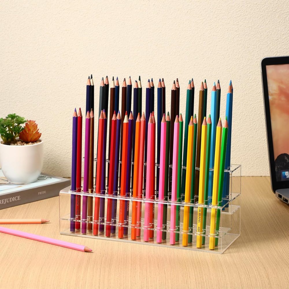 Cabilock 2 Tier Acrylic Pen Display Stand, 48-Slots Colored Pencil Organizer, Clear Display Stand Holder for Eyebrow Makeup Brush, Rack Organizer for Home Office Desk School Supplies - Image 9