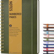 Lined Spiral Journal Notebook, A5 Hardcover Spiral Journals for Women Men, 150 Numbered Pages Spiral Bound Notebook, 100 GSM College Ruled Notebooks for Work, Note Taking 5.75" x 8.38", Olive Green