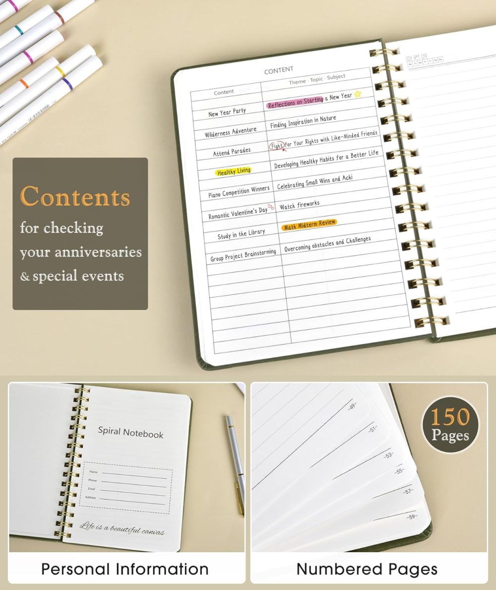 Lined Spiral Journal Notebook, A5 Hardcover Spiral Journals for Women Men, 150 Numbered Pages Spiral Bound Notebook, 100 GSM College Ruled Notebooks for Work, Note Taking 5.75" x 8.38", Olive Green - Image 2