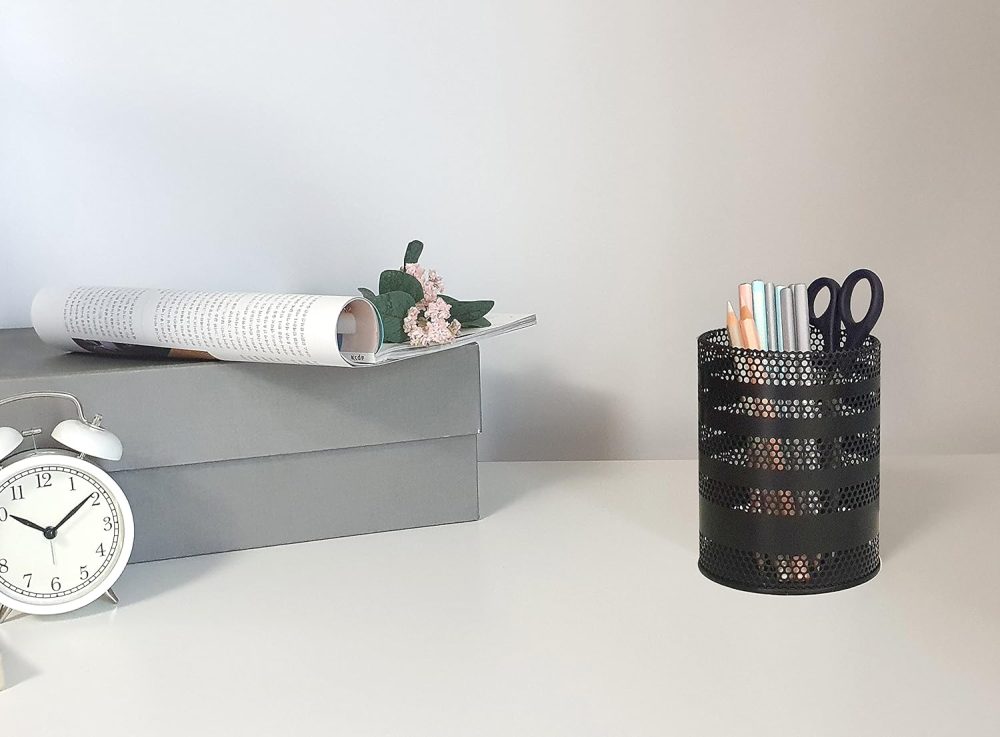 Metal Mesh Pen Pencil Cup Holder Stand Office Desk Organizer Stationery Caddy Makeup Brush Holder, Black (Large) - Image 3