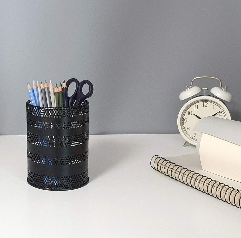 Metal Mesh Pen Pencil Cup Holder Stand Office Desk Organizer Stationery Caddy Makeup Brush Holder, Black (Large) - Image 4