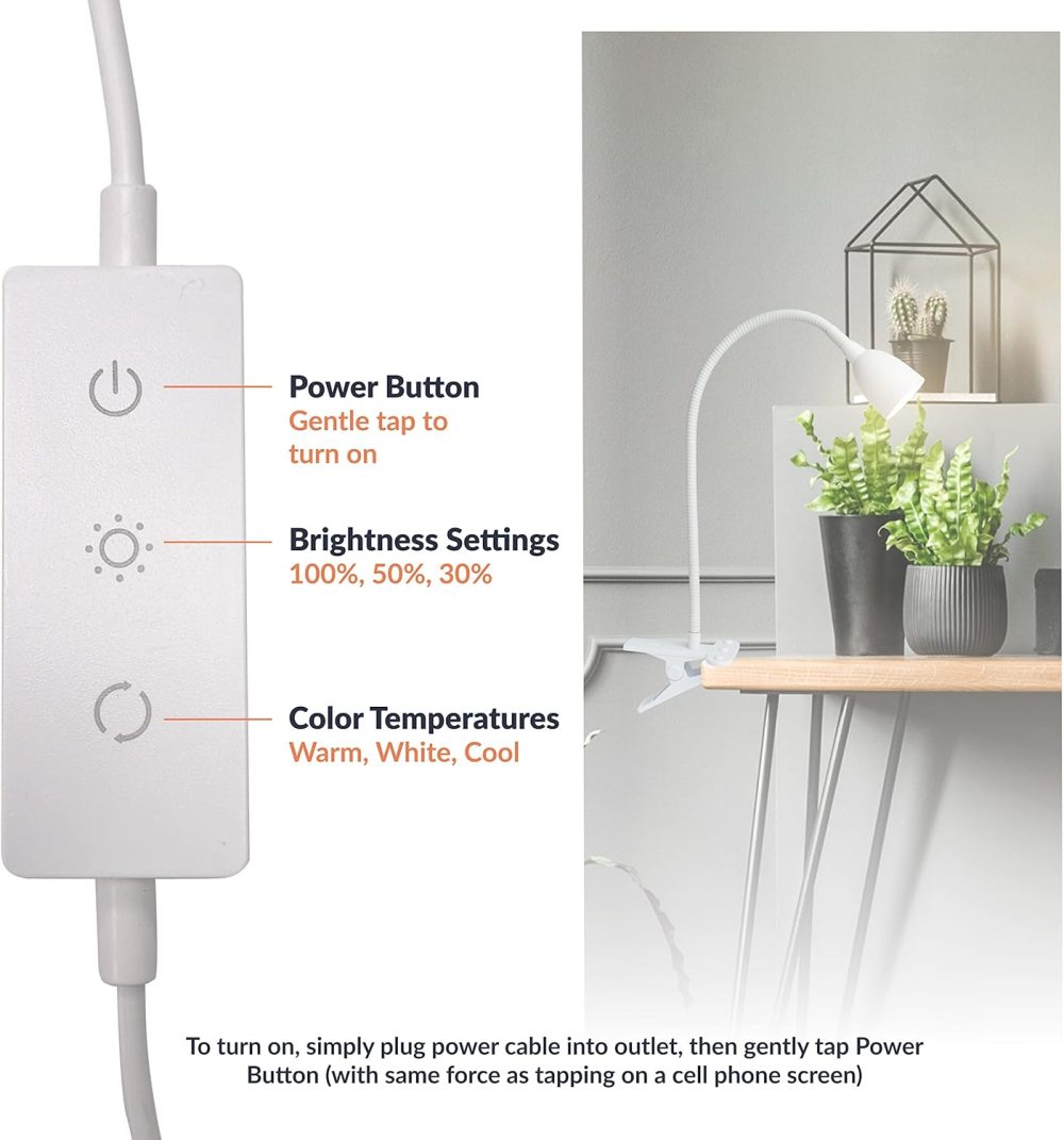 Newhouse Lighting NHCLP-OL-WH Olivia LED Clamp Light Desk Lamp with Flexible Gooseneck, 3 Brightness Levels & 3 Color Modes, White - Image 3