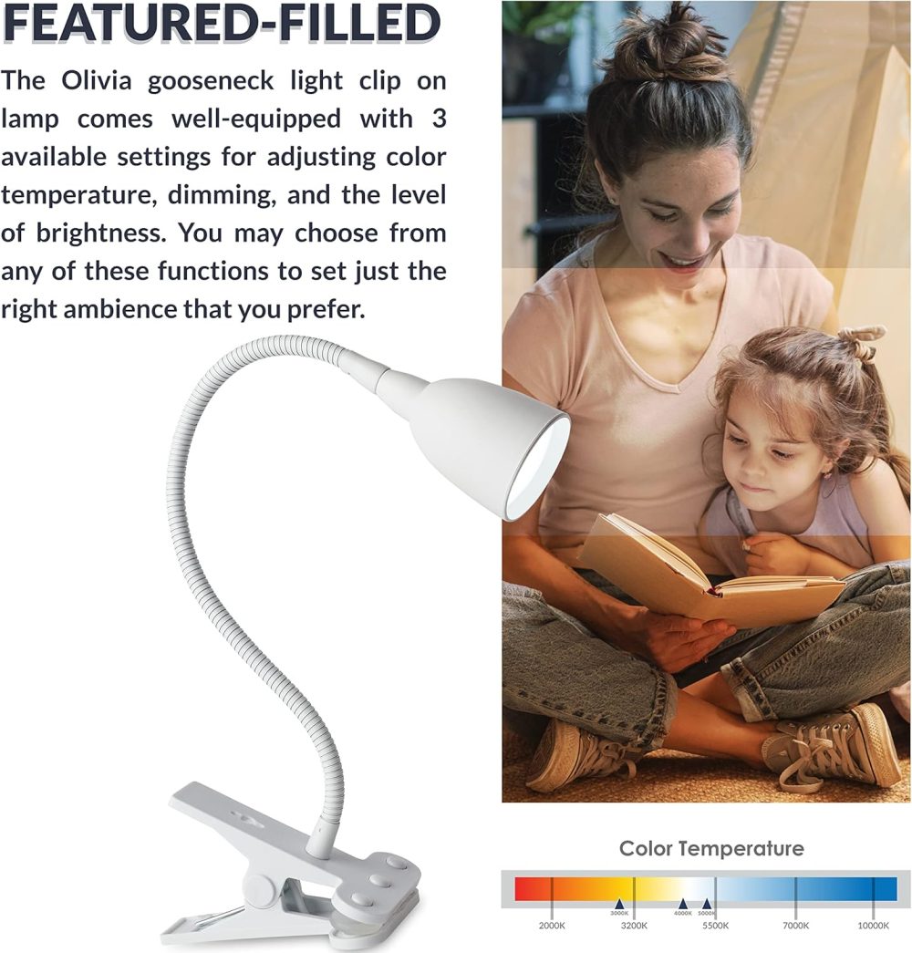 Newhouse Lighting NHCLP-OL-WH Olivia LED Clamp Light Desk Lamp with Flexible Gooseneck, 3 Brightness Levels & 3 Color Modes, White - Image 5