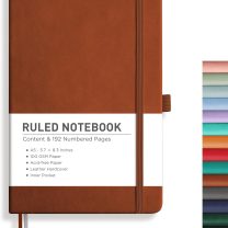 RETTACY Lined Journal Notebook, 192 Numbered Pages, A5 Medium Size (5.7'' x 8.3''), for Men & Women, Journaling, Writing, Work & Office, Leather Hardcover, 100 GSM Thick Paper (Brown)